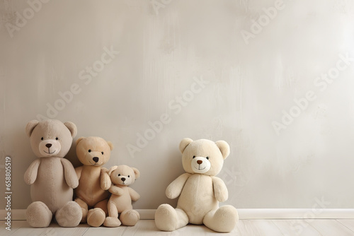 Four teddy bears against a plain wall