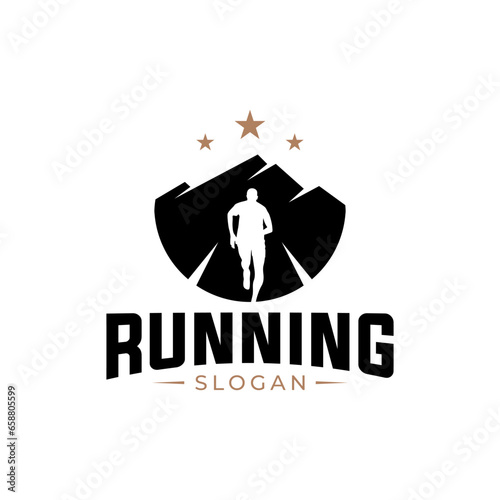 silhouettes of people running, athletes, stars, road to the finish mountain peak logo design