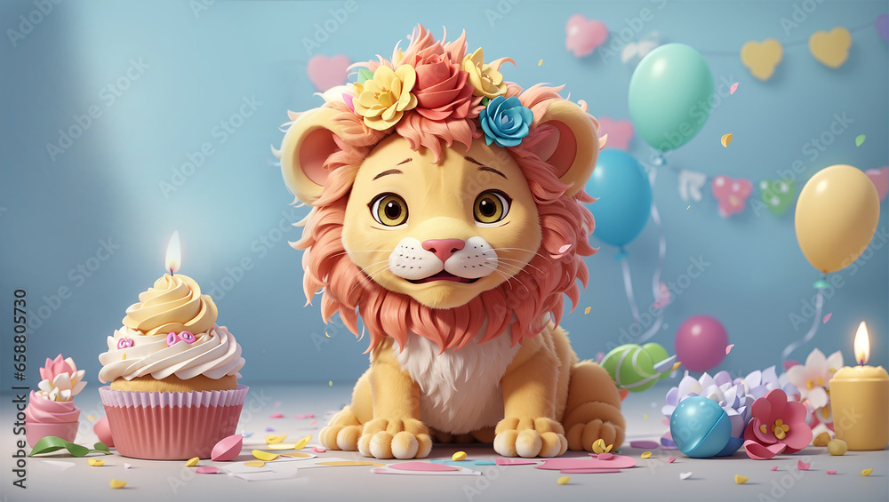 cute lion with birthday cake and colorful background cute lion with birthday cake and colorful background