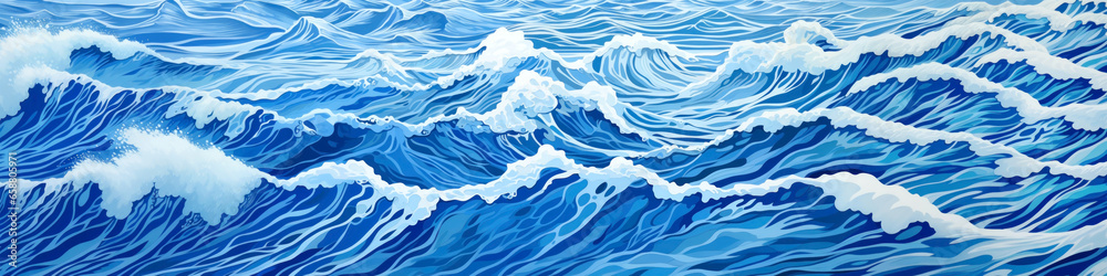 Abstract illustration of stormy ocean or sea water waves in the style of blue ink