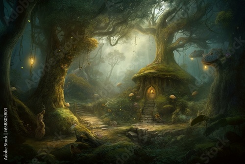 An enchanting woodland with magical creatures. Generative AI