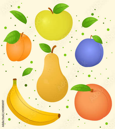 Vector collection fresh fruits. Apple,banana, plum, peach, apricot, pear with leaves on bright background