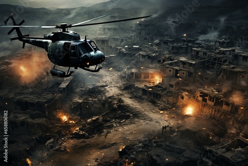 Aerial view of warzone with helicopter flying above ruined city. Generative AI