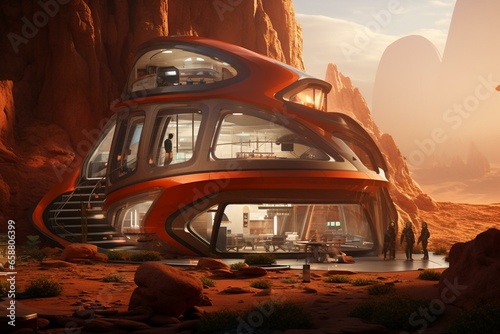 Illustration of a modern future house in a Mars outpost colony. Generative AI photo