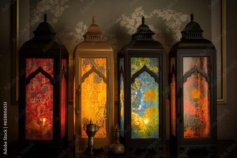 Framed Ramadan lanterns. Generative AI