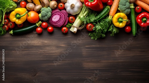 wooden table with fresh organic vegetables, copy space