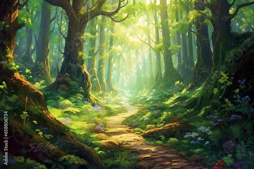 beautiful artwork depicting sunlight filtering through lush green trees in a magical forest. Generative AI