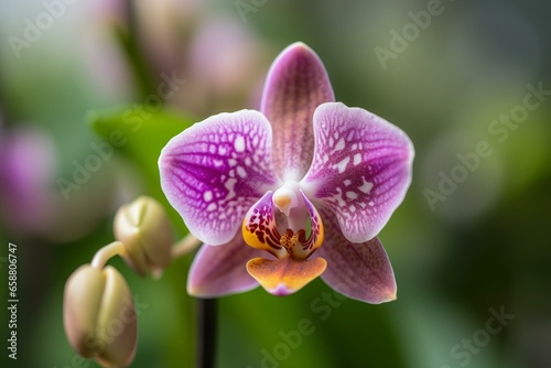 Close-up of a stunning orchid with a blurred bokeh background. Generative AI