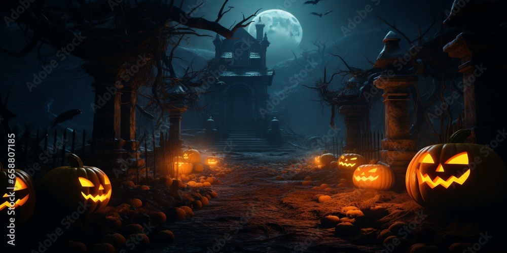 halloween night sceen scary haunted house pumkins jack-o-lanterns background cinematic