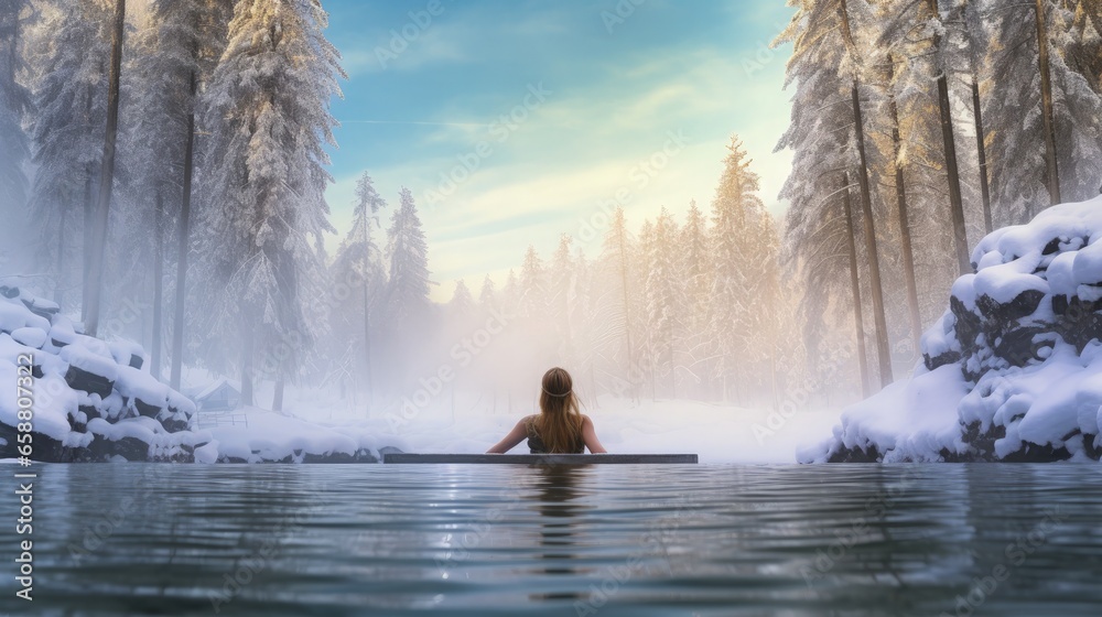 A woman goes winter swimming in a forest bay, sitting and looking at beautiful views. - obrazy, fototapety, plakaty 