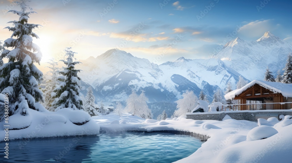 A hot tub surrounded by snow covered trees