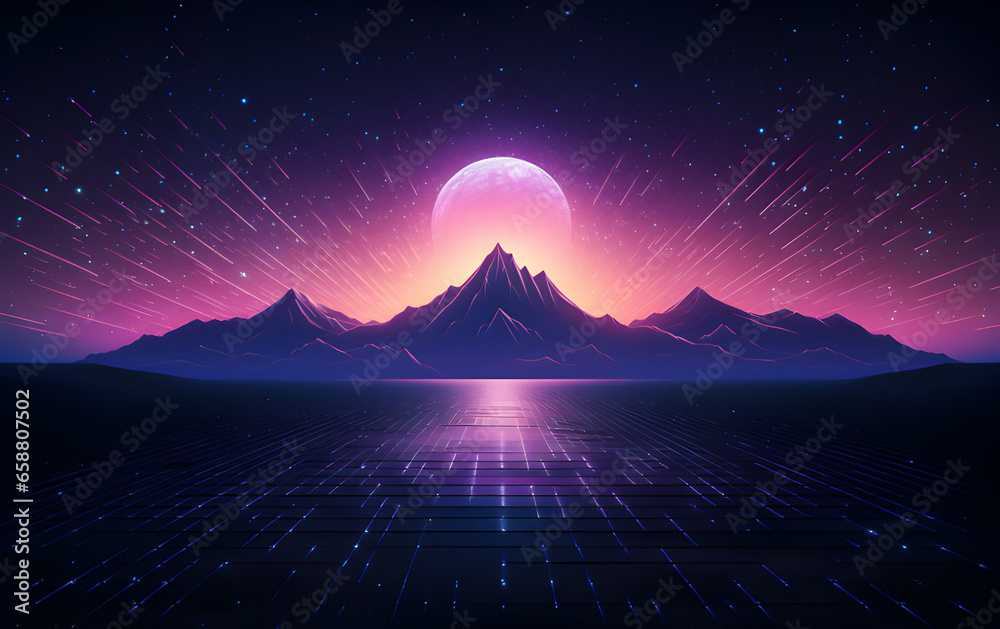 Beautiful futuristic vista vaporwave, Night sky with mountain.