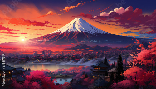Surreal Sunset Over Mount Fuji, Japanese New Year Greeting Card Design 2024 © ELmidoi-AI