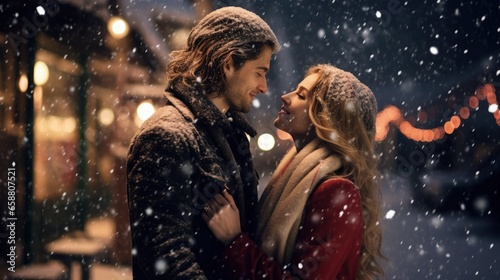 Romantic couple standing on a snowy city street during Christmas