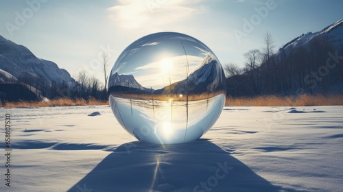 A large crystal ball sitting on top of a snow covered ground © Artur Lipiński