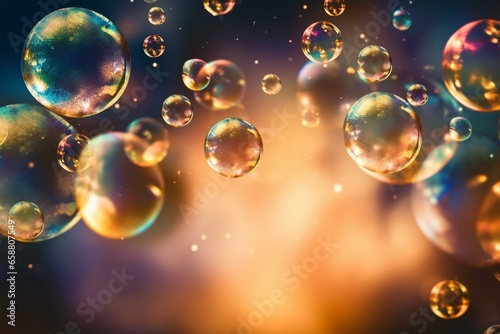 Floating soap bubbles on shimmering background. Generative AI
