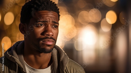 Handsome black man with concerned expression. Contemplative worry. Mental health, therapy and rehabilitation. Troubled thoughts.