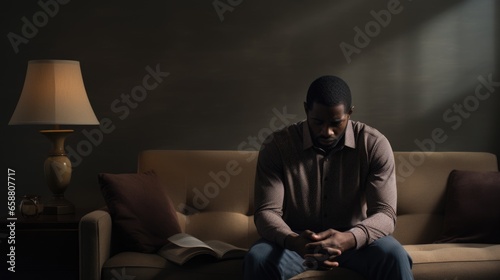 Handsome black man dealing with depression, sadness, and feeling alone. Mental health and anxiety. Asking for help. Therapy and rehabilitation. Troubled thoughts. © Fox Ave Designs