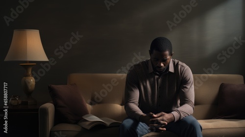 Handsome black man dealing with depression, sadness, and feeling alone. Mental health and anxiety. Asking for help. Therapy and rehabilitation. Troubled thoughts.