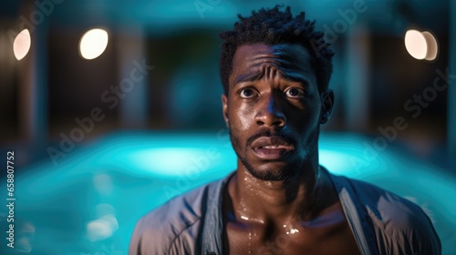 Handsome black man with concerned expression in a pool. Contemplative worry. Mental health, therapy and rehabilitation. Troubled thoughts.