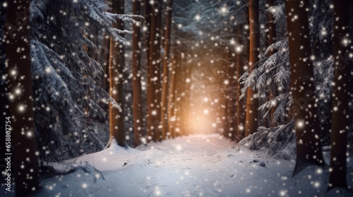 A snow covered forest with a light at the end of it © Artur