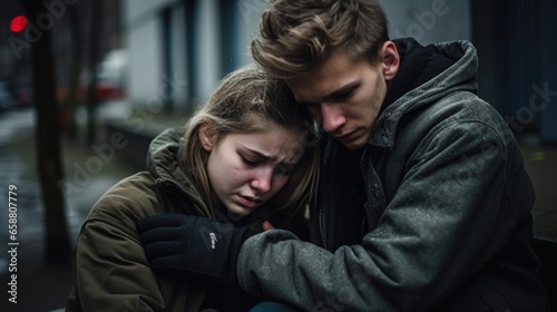 Teen couple dealing with depression, sadness, and feeling alone. Mental health and anxiety. Asking for help from grief. Therapy and comfort. Troubled teenagers.
