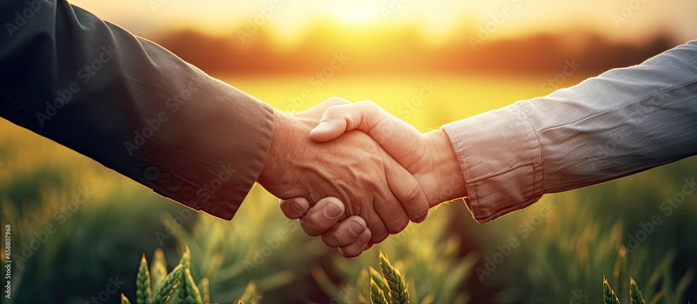 Greetings handshakes and individuals with business to business agreements related to agriculture partnership and small business assistance Appreciation for handshakes and collaboration in f