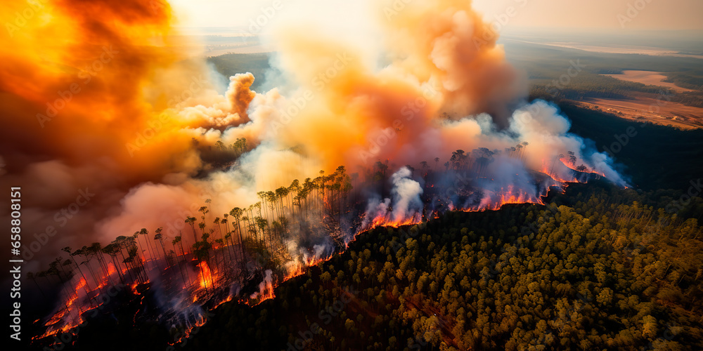 Aerial photography captures a massive forest fire, illustrating the destructive power of nature.