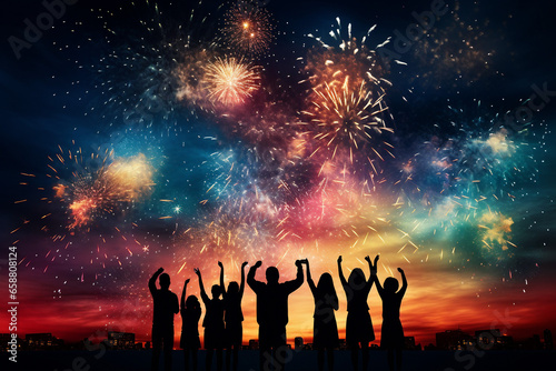 Celestial Celebration, Silhouettes of Friends Beholding Colorful Night Fireworks