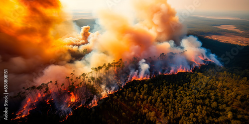 Aerial photography captures a massive forest fire  illustrating the destructive power of nature.