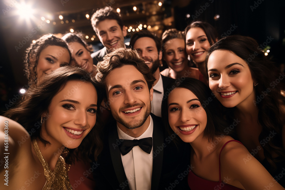 Cheerful crowd cheering. Women and men standing at party night, meeting. Party people celebrating in the club. Generative AI. Cheerful crowd cheering. Women and men standing at party night, meeting. Party people celebrating in the club. Generative AI.