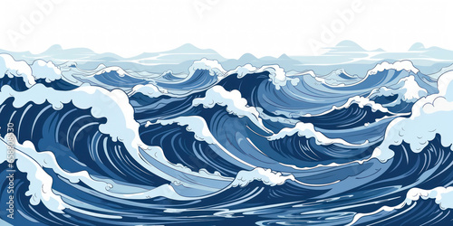 Abstract illustration of stormy ocean or sea water waves in the style of blue ink painting