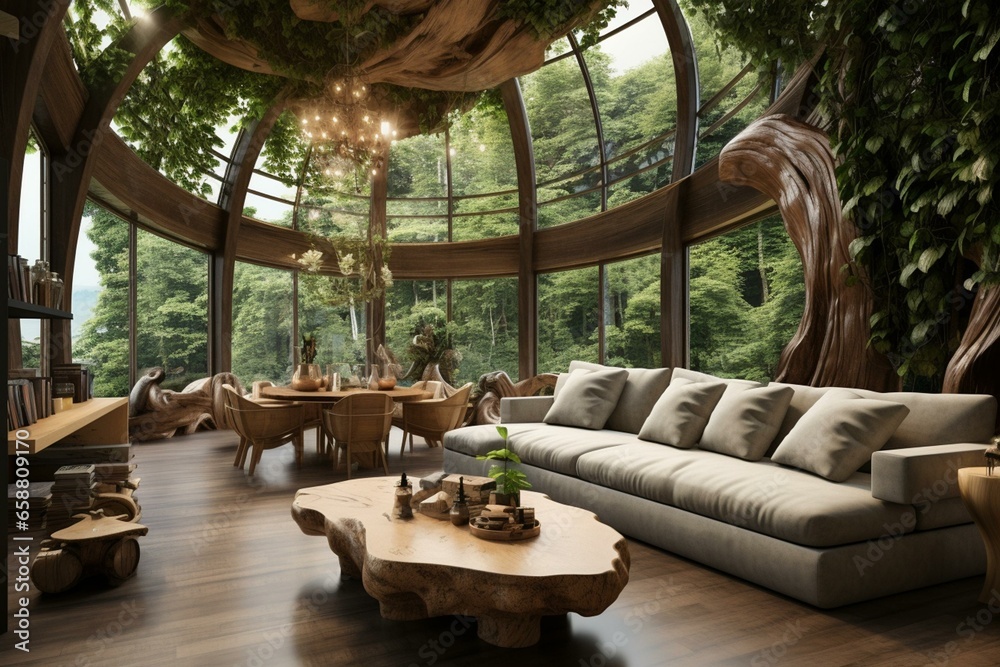 A forest house's living room with natural interior design. Generative AI - obrazy, fototapety, plakaty 