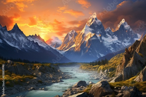 A beautiful evening with stunning mountains: an awe-inspiring panoramic view. Generative AI