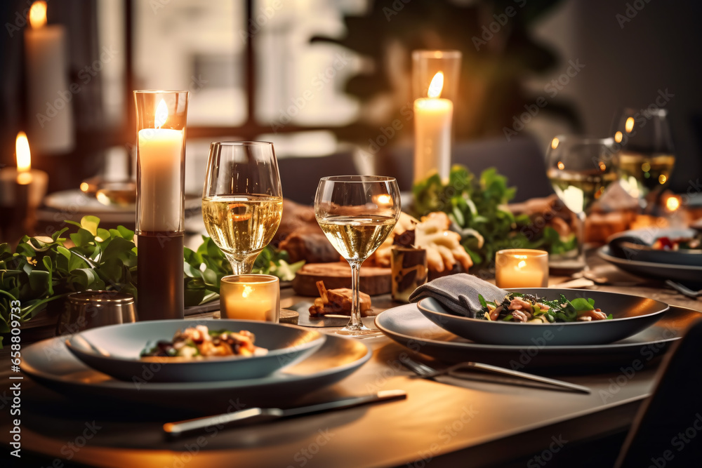 Elegant table setting with candles in restaurant. Selective focus. Romantic dinner setting with candles on table in restaurant.
