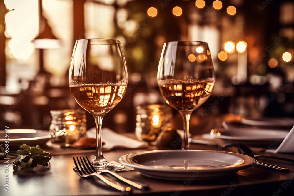 Elegant table setting with candles in restaurant. Selective focus. Romantic dinner setting with candles on table in restaurant.
