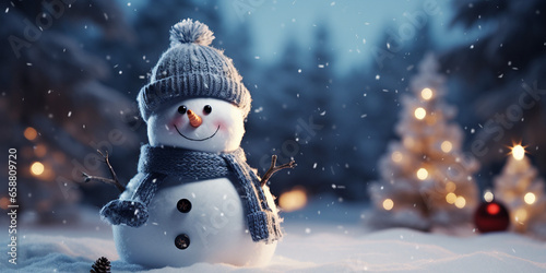 Joyful Snowman Celebrating Christmas and Welcoming the New Year, Festive Greeting Card with a Beautiful Snowy Background and Ample Room for Text