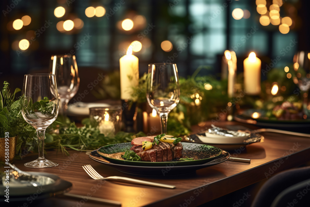 Fototapeta premium Elegant table setting with candles in restaurant. Selective focus. Romantic dinner setting with candles on table in restaurant. 