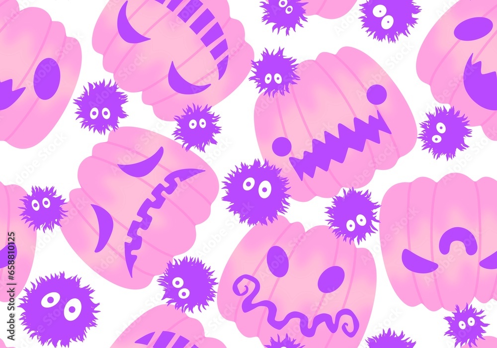 Fototapeta premium Cartoon retro vegetable harvest seamless Halloween pumpkins pattern for wrapping paper and fabrics and linens