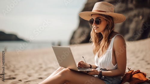 Remote work concept. Cheerful cute woman working on a laptop on vacation.