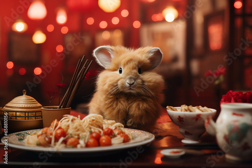 Celebrating Chinese New Year 2024, Fluffy Rabbit Enjoying Traditional Chinese Fare