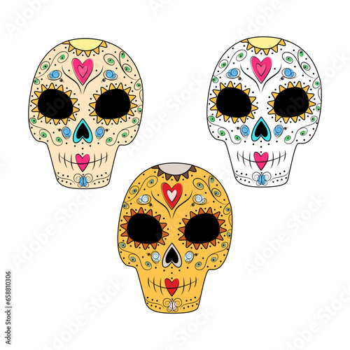 Vector Set of 3 patterned abstract sugar skulls in trendy bright sades.Happy Day of the Dead. Mexico photo