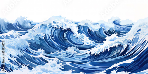 Abstract illustration of stormy ocean or sea water waves in the style of blue ink painting