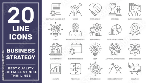 Business Strategy icon set. Different tools for business. Business Intelligence tools. Editable Stroke. EPS 10