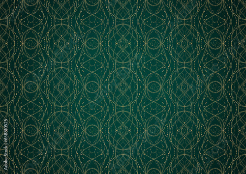 Hand-drawn unique abstract gold ornament on a dark green cold background, with vignette of darker background color. Paper texture. Digital artwork, A4. (pattern: p10-2c)