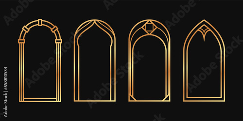 Linear decorative boho arch in gold color. Art Deco vector bohemian frames set on black background
