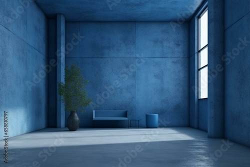 3D-rendered room with blue concrete walls. Generative AI