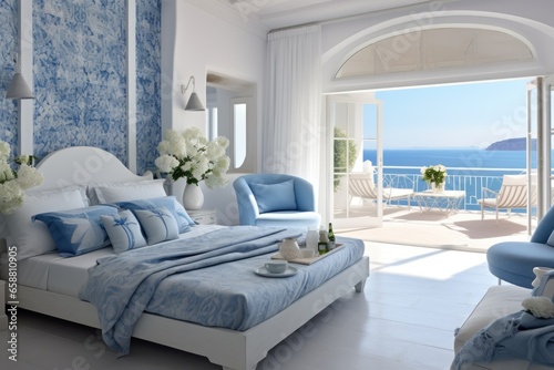 Mediterranean bedroom interior in traditional blue and white colors with sea view