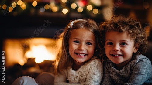 Christmas, family gathered to celebrate the holiday of Christmas, giving gifts, sitting by the fireplace, Christmas interior decorations. Winter atmosphere, warm attitude, carefree feeling
