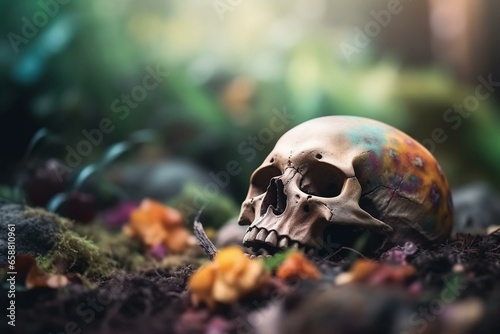 Colorful nature blur background with a skull resting on the ground. Generative AI